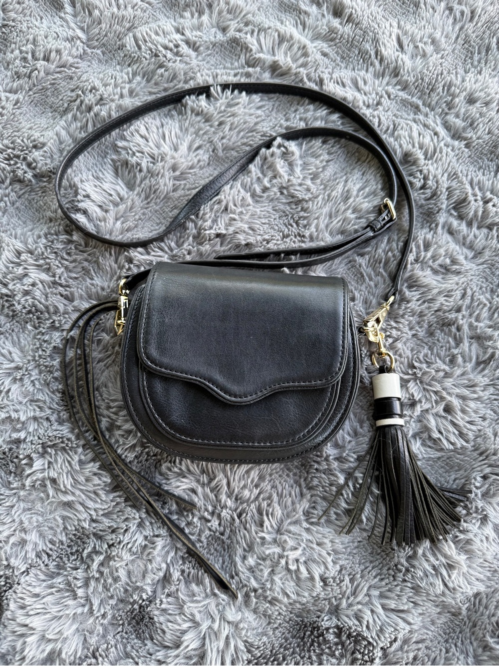 Rebecca Minkoff Mini Suki Black Leather Crossbody Bag with Tassel Accent